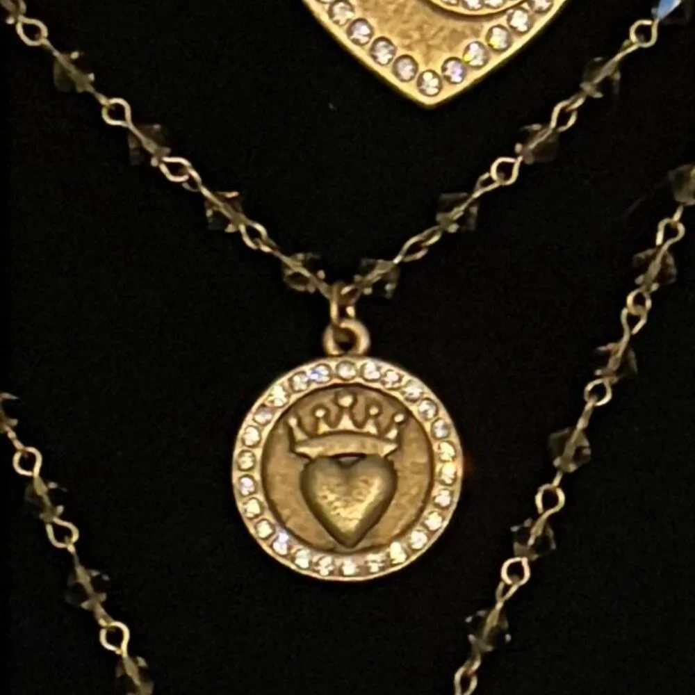 Gold-Tone Triple Layer Necklace with Heart & Disc Charms